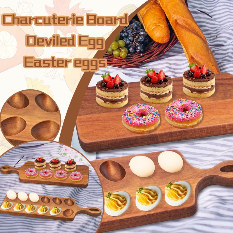 Gosodeny Acacia Wood Deviled Egg Platter with Handles 12 Holes