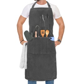opux Chef Apron for Men, Kitchen Apron with Pockets for Women, Large Unisex Canvas Apron for Cooking Grilling BBQ Baking, Grey, Standard