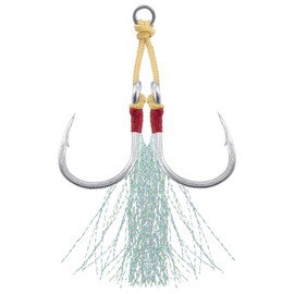 Dr.Fish 10 Pack Double Jigging Assist Hooks Saltwater Fishing Hooks Replacement Hooks Vertical Jig Lure Mylar Flash Teasers Slow Pitch Fast Fall Diamond Jig Hooks Tuna Striper Flounder Mackerel 1/0