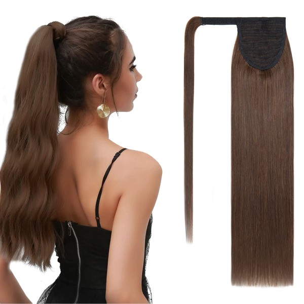 S-noilite Real Hair Extensions Made of Straight and Long Natural Hair - Ponytail with Unique Headband - Remy Human Hair Ponytail Extensions - #4 Brown Chocolate, 50 cm - 95 g