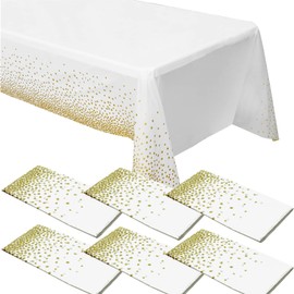 ZeriTlolen Pack of 6 Gold Dot Tablecloths for Rectangle Tables, 54 x 108 Inch, White Plastic Tablecloths, Disposable Tablecloths, Party Tablecloths with Gold Dots, Confetti Tablecloth for