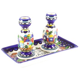 Armenian Ceramic Shabbat Candlesticks with Tray, Old City Scene
