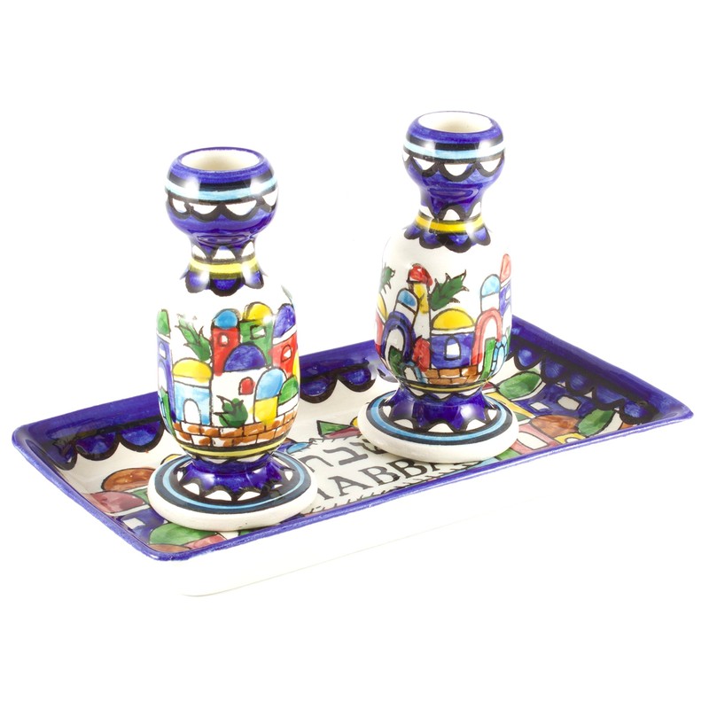 Armenian Ceramic Shabbat Candlesticks with Tray, Old City Scene