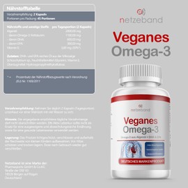 Omega-3 Vegan Capsules 90x - 2000 mg Algae Oil per Day - High Dose with 600 mg DHA + 300 mg EPA - High-Quality Omega-3 Algae Oil Capsules Vegan - DHA:EPA Ratio 2:1 - Laboratory Tested