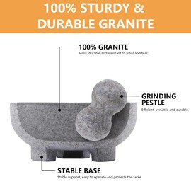 WhiteRhino Mortar and Pestle Set, 4 Cup Natural Unpolished Granite Molcajete Mexicano, 8-in Extra Large Guacamole Bowl, Motar Pestel Stone Grinder for Guacamole, Salsa, Spices, Herbs, Seasonings