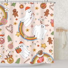 LIGHTINHOME Merry Christmas Shower Curtain 60Wx72H Inches Retro Funny 70s Xmas Cute Rainbow Ghost Gingerbread Groovy Winter Holiday Bathroom Decor Fabric Waterproof Polyester Home Decor Set with Hooks