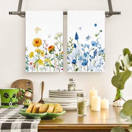 Spring Wild Flowers Kitchen Towels Dish Towels, Set of 6 16x24 inch Humming Birds Floral Hand Towels for Bathroom, Decorative Tea Towels for Spring Summer Kitchen Decoration Housewarming Gift