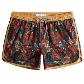 MaaMgic Men's Swimming Shorts Vintage Retro Board Shorts 4-Way Stretch Quick Drying with Mesh Lining and Adjustable Drawstring Reusable, Leopard-red