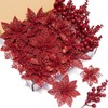 Zhuqing 22Pcs Christmas Poinsettia Artificial Flowers and Glitter Berries Stems Kit, 16Pcs Christmas Tree Flowers Ornaments and 6 Pack Christmas Tree Picks for Wedding Holiday Decorations (Red)