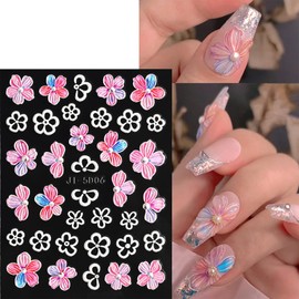 Bellelfin 5D Embossed Flower Nail Stickers 4 Sheets Colorful Flowers Self-Adhesive Nail Art Decals Summer Leaves Nail Art Stickers Nail Supplies for Women Girls DIY Manicure Decorations