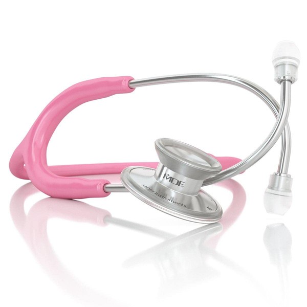 MDF Acoustica Lightweight Stethoscope for Doctors, Nurses, Students, Home Health Use, Adult, Dual Head, Pink Tube, Silver Chestpiece-Headset, MDF747XP01