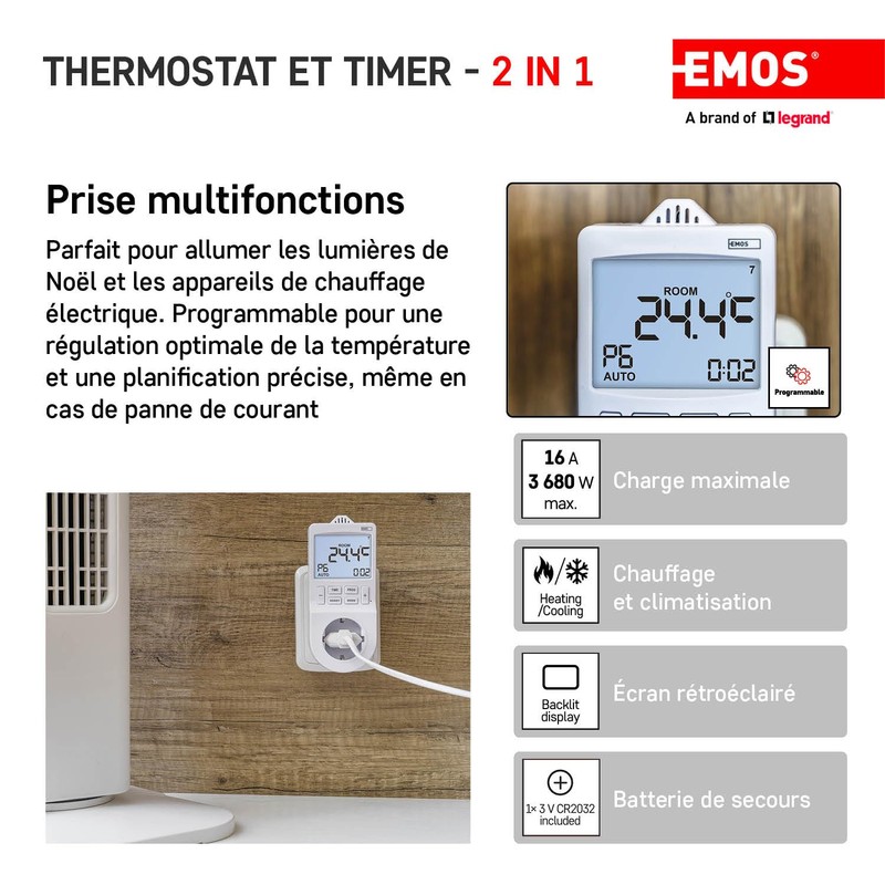 EMOS 2-in-1 Socket Thermostat and Timer, Digital Room Temperature Controller