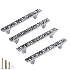ESreake 4 Pack Crystal Glass Rhinestone Cabinet Pulls Knobs Handles,Modern Decorated Shiny Dresser Drawer Konbs Pulls Handles for Cupboard Wardrobe Dresser Doors (4 Pack, 3.8" Hole Centers)