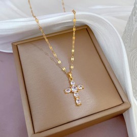 Cross Necklace for Women Gold Cross Necklace Dainty Gold Plated Necklace Cubic Zirconia Cross Necklace for Women Trendy Cross Chain Faith Jewelry Gifts White