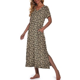 VINTATRE Womens Long Nightgown Short Sleeve Nightshirt V-Neck Soft Loungewear Casual Sleepwear with Pockets