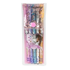 Depesche 13364 Miss Melody Glitter Gel Pen Set in Transparent Pouch with Press Stud Closure, 5 Pens in Glitter Colours for Writing and Decorating