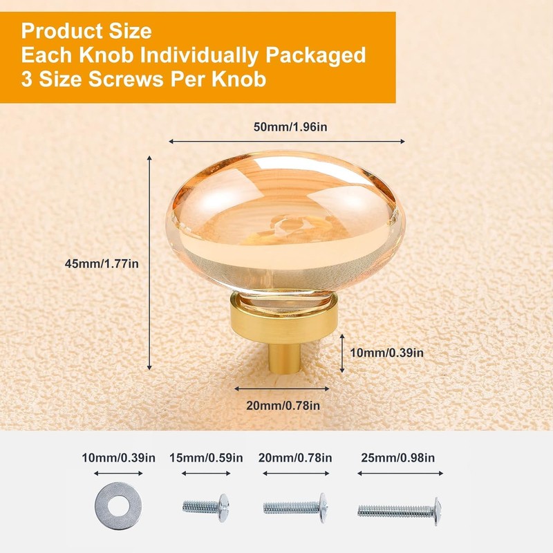 CLCTK 16 Pack Gold Champagne Crystal Cabinet Knobs, Oval Glass