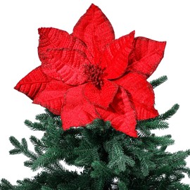 Soulchen 2 Pcs 18 Inch Jumbo Giant Red Christmas Poinsettia Tree Topper Large Xmas Tree Ornament Christmas Decorations Red Poinsettia Flower for Wreath Garland Indoor Outdoor Holiday Decoration