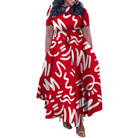 BFFBABY Plus Size Dress A Line Dresses for Women Summer Long Dresses with Sleeve Casual Belted Red White