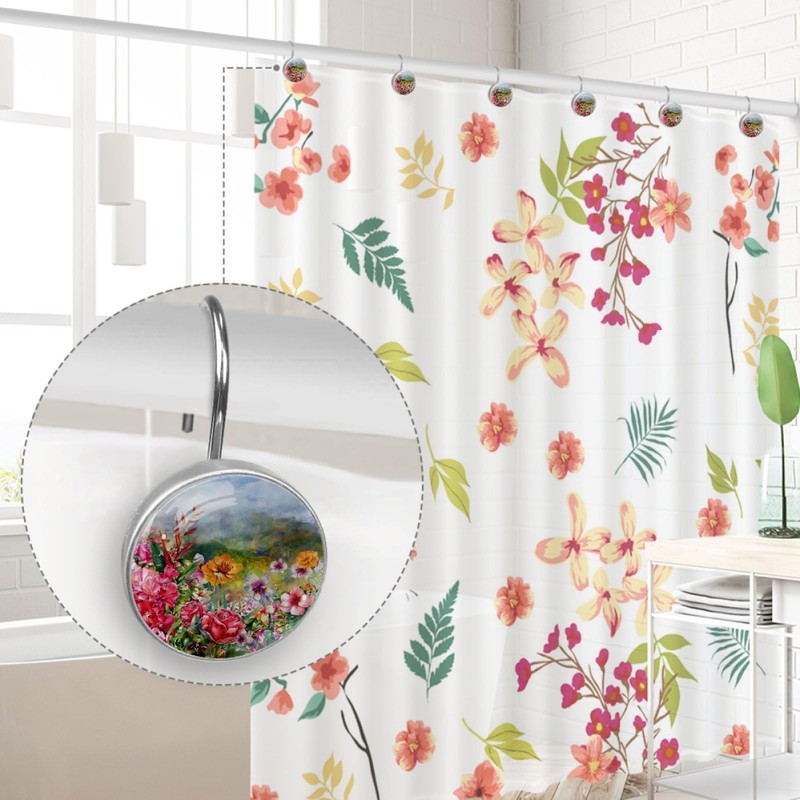 Flower Rose Spring Floral Decorative Shower Curtain Hooks Rings Set