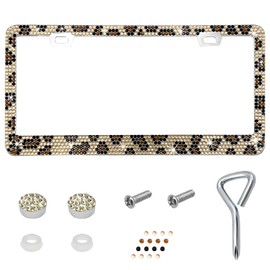 YTFRL Bling License Plate Frame, Sparkly Rhinestone Car Tag Cover with Mounting Kit, Stainless Steel & Obstruction-Free Crystal Auto License Plate Holder for Women, Car Accessories (Leopard Print)