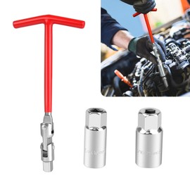 Yumfugu 3 PCS Car Spark Plug Socket, T-Handle Non-Slip Socket Set with 5/8"/16mm and 13/16"/21mm Wrench, 360 Degree Multi-Angle Spark Plug Tool, Universal for Car Disassembly Parts (Red & Silver)