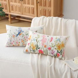 HJZLB Spring Pillow Covers 12x20 Inch Set of 2 Summer Floral Flower Bird Butterfly Outdoor Throw Cushion Case Decorations for Home Porch Sofa Couch