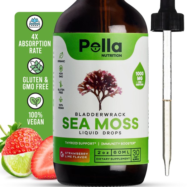 Pella Nutrition Organic Sea Moss Liquid Extract - 1000mg Irish Sea Moss, 4X Stronger Than Pills & Capsules, Potent Superfood for Enhanced Immunity, Joint & Thyroid Support - Strawberry Lime Flavor,