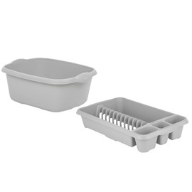 M1SS Set of 2 Soft Grey Plastic Medium Dish Drainer with Washing Up Bowl Kitchen Organiser