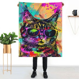 kynvora Colorful Cat with Sunglasses Blanket 50"x60", Fun Cat Throw Blanket for Girls & Women, Ideal Cat Gifts for Cat Lovers, Cozy and Stylish Design for Couch, Bed, or Travel