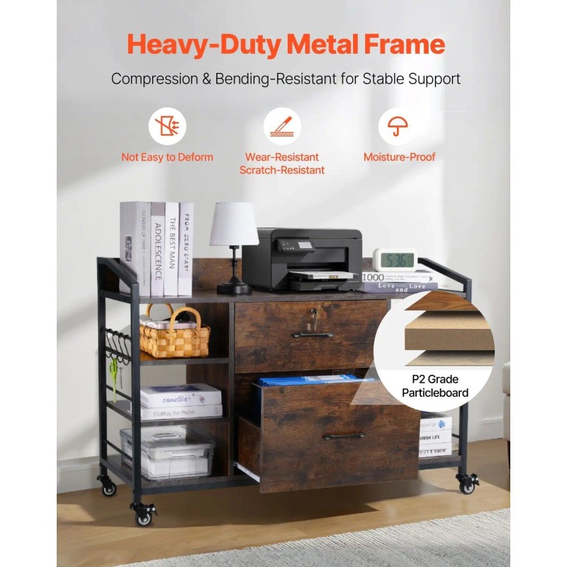Brown Metal 2-Drawer File Cabinet With Power Strip Industrial Office