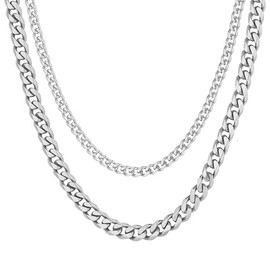 MenYiYDS Set of 2 Classic Cuban Necklaces for Men and Women, Width 3 mm/5 mm, Stainless Steel, Length 40 cm, Colour Silver, Stainless Steel