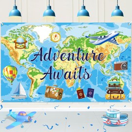 Adventure Awaits Decorations Banner Blue Travel Theme Party Banner Let The Adventure Begin World Map Decoration Airplane Banner Background for Birthday Graduation Baby Shower Retirement Party Supplies