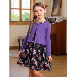 BONNY BILLY Clothing Sets for Girls 2-Piece Long Sleeve Cardigan + Sleeveless Floral Pattern Dress, Purple set