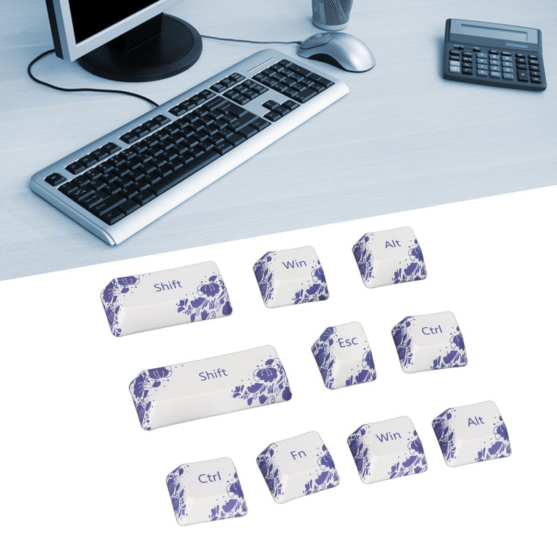 10PCS Key Caps Dye Sublimation Processblue and White Porcelain Style