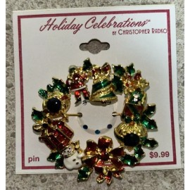 Christopher Radko Christmas Wreath Enamel Brooch/Pin - Vintage New - 2"
