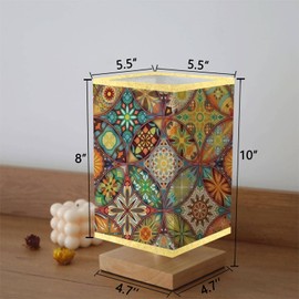 Square Bedside Table Lamp Ethnic floral mandala seamless pattern Colorful mosaic background Wooden Base Flaxen Fabric Shade Dimmable Nightstand Lamp Bedside Desk Lamp for Bedroom Living Room