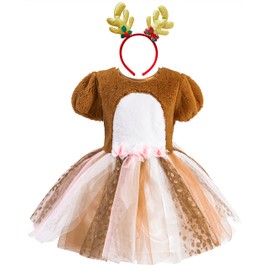 IKALI Reindeer Costume Kids, Girls Christmas Deer Fancy Dress, Children Santa Dress Up Outfit with Rudolph Headband 3-4Y