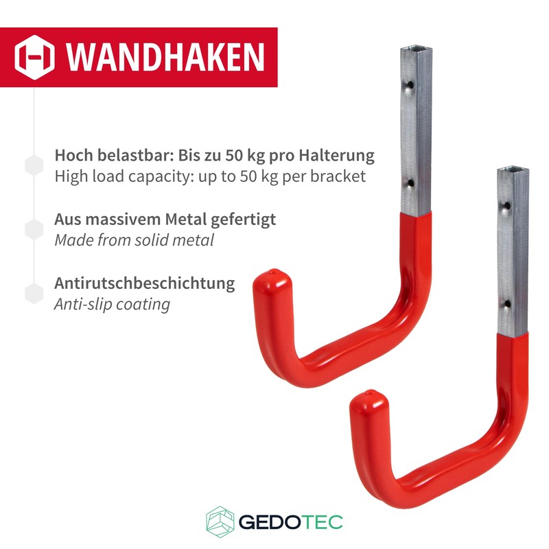 2 Stück GedoTec Wall hooks with Rubber coating red Device