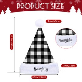 2 Pieces Naughty and Nice Plush Christmas Santa Hats Buffalo Plaid Holiday Hat for Christmas Party Supplies (White, Black, Adult Size)