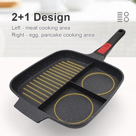 Bobikuke 3 in 1 Grill Pan for Stove Tops with Detachable Handle, Nonstick Versatile Griddle Divided Pan, Square Skillet PFOA Free, Black