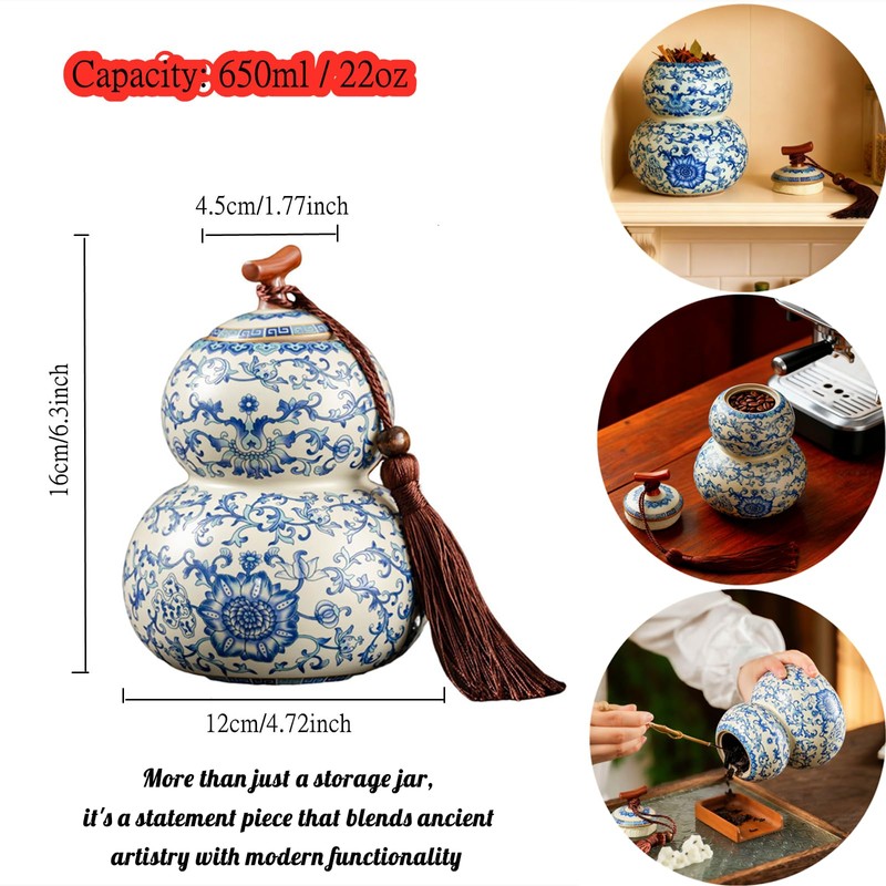 HOHCNA Blue and White Porcelain Airtight Tea Canister with Lid,