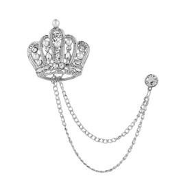 QPHYFXF Gifts for Husband: Retro Crown Lapel Pin with Long Chain, Silver Crystal and Tassel Brooch for Formal Suits, Coats, and Dress Shirts