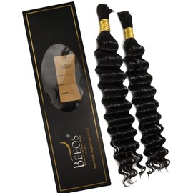 BEEOS Jet Black Boho Hair for Braiding, Deep Wave Bulk Human Hair for Knotless Bohemian Braids Curly #1 Hair Color 16 Inch 100g
