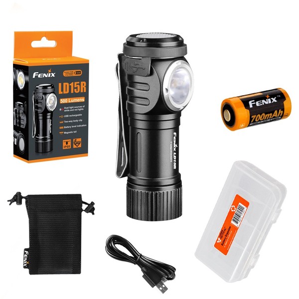 Fenix LD15R 500 Lumen Right-Angle White & Red LED Rechargeable Mini Flashlight with Rechargeable Battery & LumenTac Battery Organizer