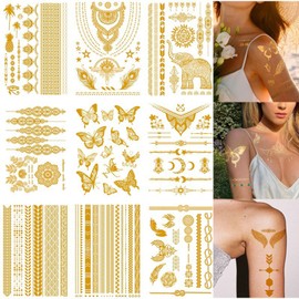 Lezed 9 Blatt Gold Temporäre Tattoos,Metallic Festival Accessoires,Erwachsene Party Zubehör, Wird Für Alltägliche Accessoires Für Mädchenfeiertagsfeiern Verwendet.