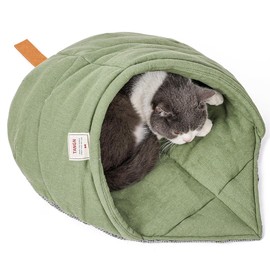 TANGN Cat Sleeping Bag,Linen Fabric Cat Bed Cave Leaf Nest Pet Cuddle Zone Covered Hide Hood Burrowing Cozy Soft Durable Washable with Non-Slip Bottom for Indoor Puppy and Kitten (Green with Support)