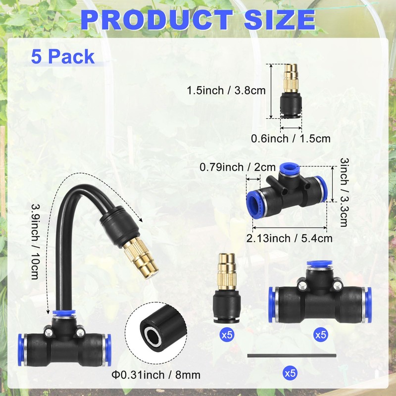 M METERXITY 5-Set Brass Misting Nozzles Tee, 4inch/10cm 360 Degree