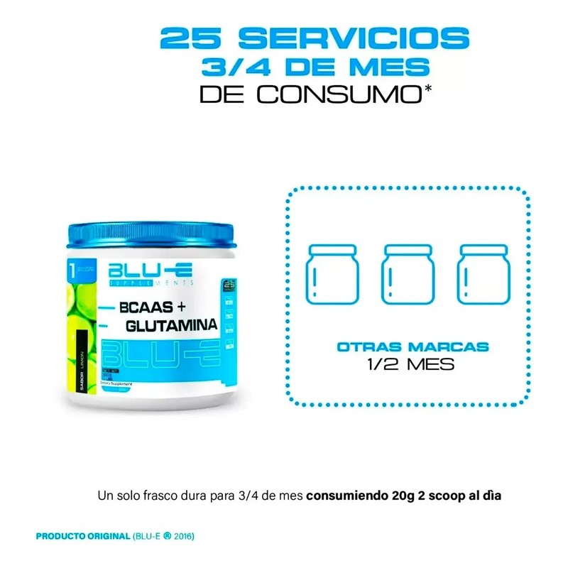 Bcaas Glutamina Blu-e 500g 25 Servicios Varios Sabores
