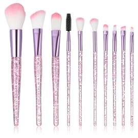 10 Piece Glitter Crystal Pink Makeup Brush, Glitz and Glam Eyeliner Blush Brushes, Bling Professional Foundation Concealer Eye Shadow Brushes Tools Set, Essentials Bedazzled Face Cosmetics Blending Br